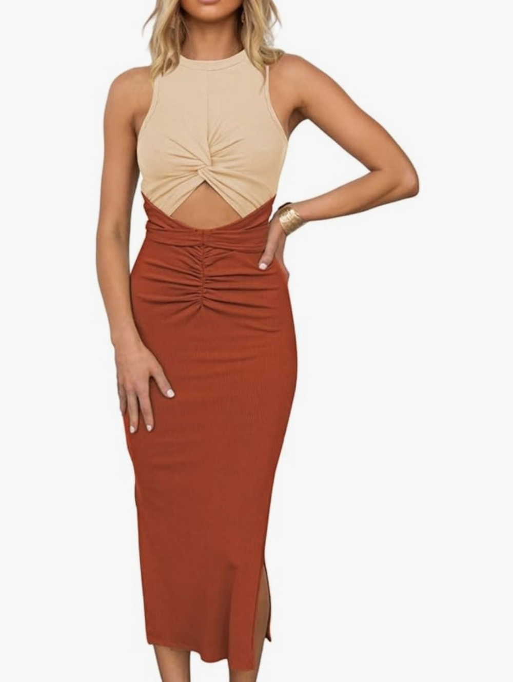 NWOT Women's Sleeveless Cut Out Slim Bodycon Crewneck Crisscross Ribbed Dress